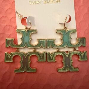 Tory Burch Mint Enamel Double-Logo Drop Earrings with Gold Trim